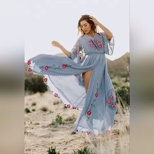 Floral Embroidered Blue Maxi Dress- Reversible